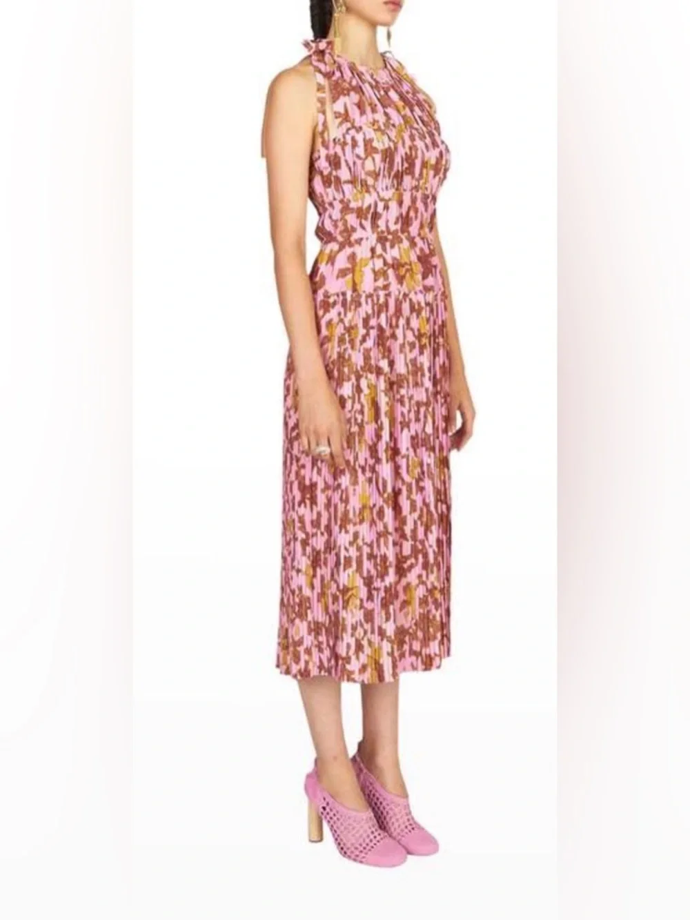 Ulla Johnson Amalthea 100% Silk Pink and Brown‎ Floral Pleated Midi Dress Size 4